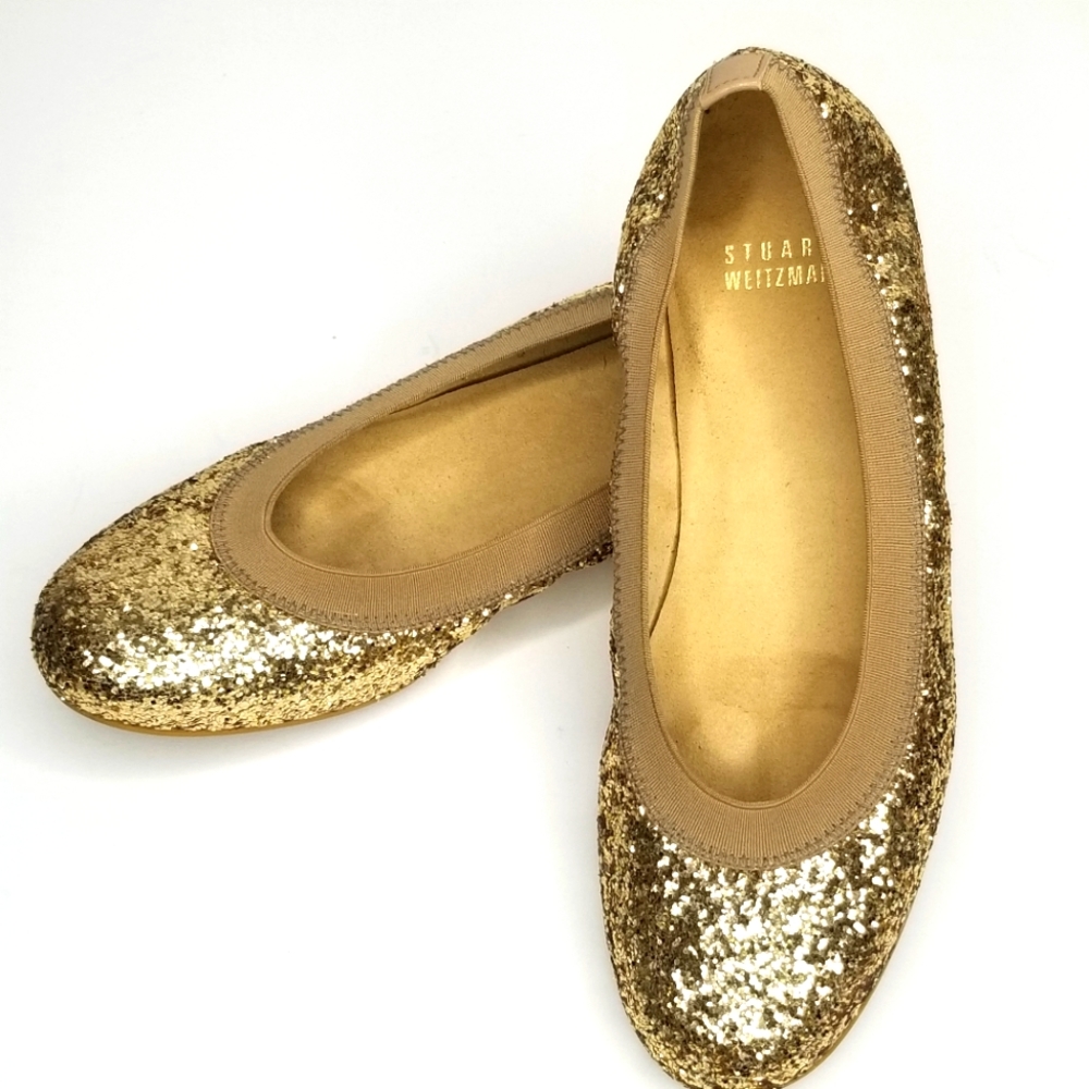STUART WEITZMAN Gold Glitter Lastikon Ballet Flat